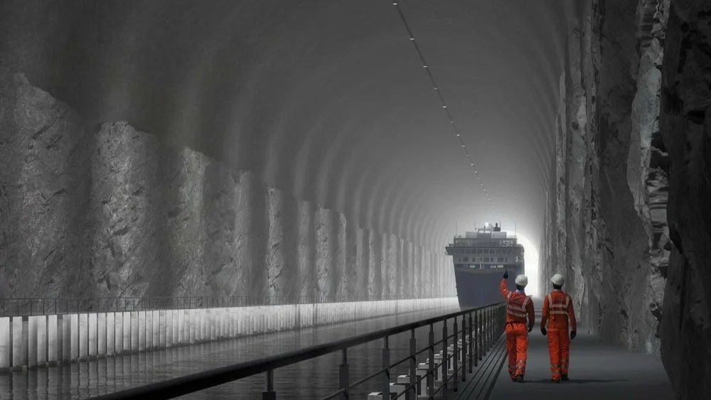 Stad skipstunnel innside med folk illustrasjon Kystverket Snohetta Plomp